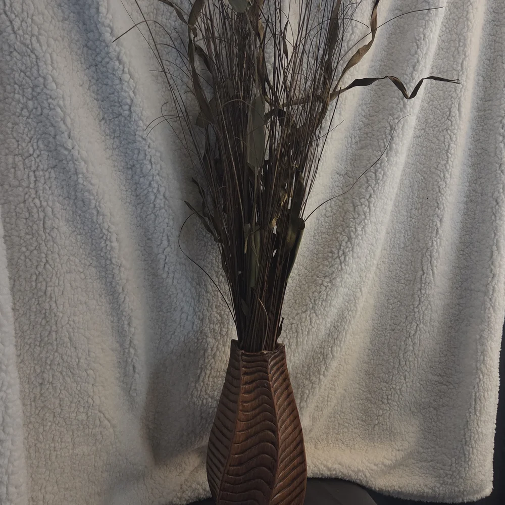 Vintage Carved Wood Table Vase w/ Dried Grass | Boho Accent Decor